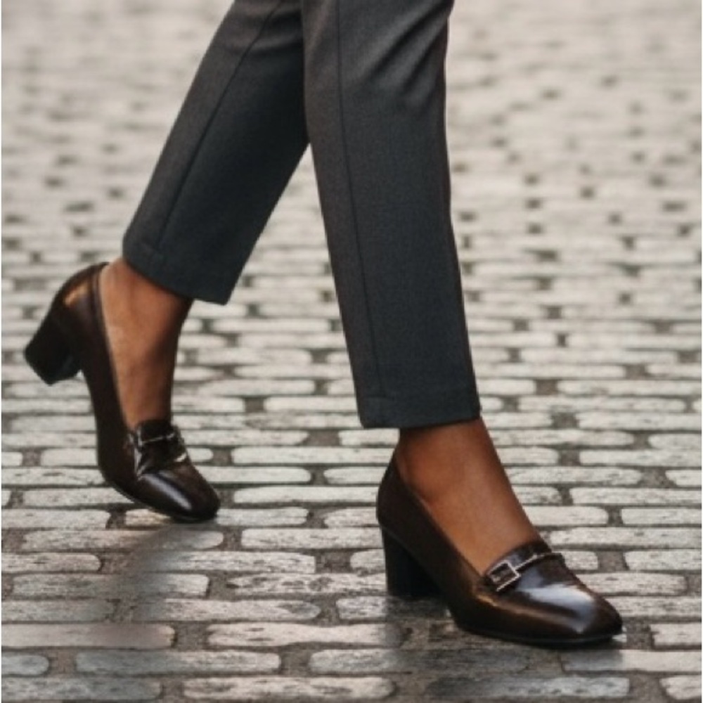 Gucci VINTAGE HEEL ON PUMPS HORSEBIT SQUARE TOE Dark Brown Leather Slip-Ons